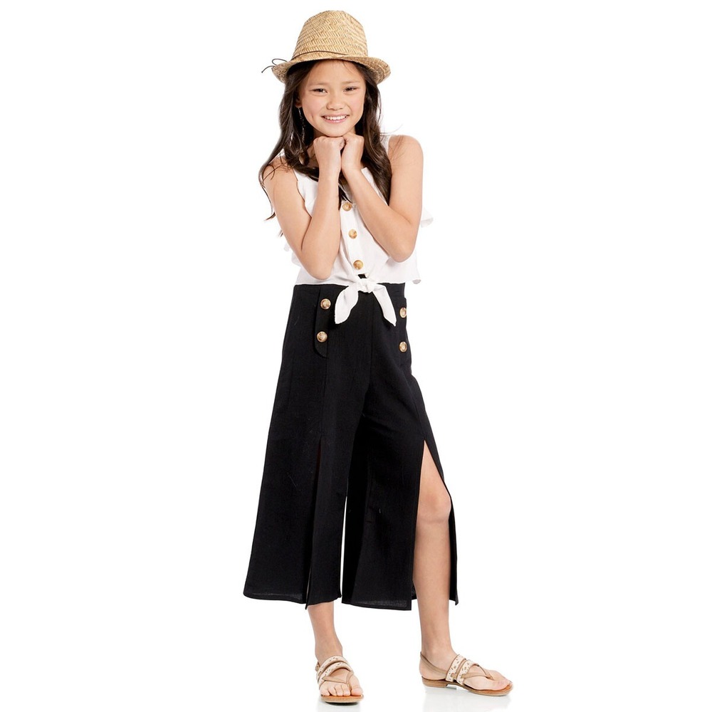 NEW Girls Truly Me 2pc Cropped Top & Black Cullotes Pants Outfit sz 14 Linen Lk